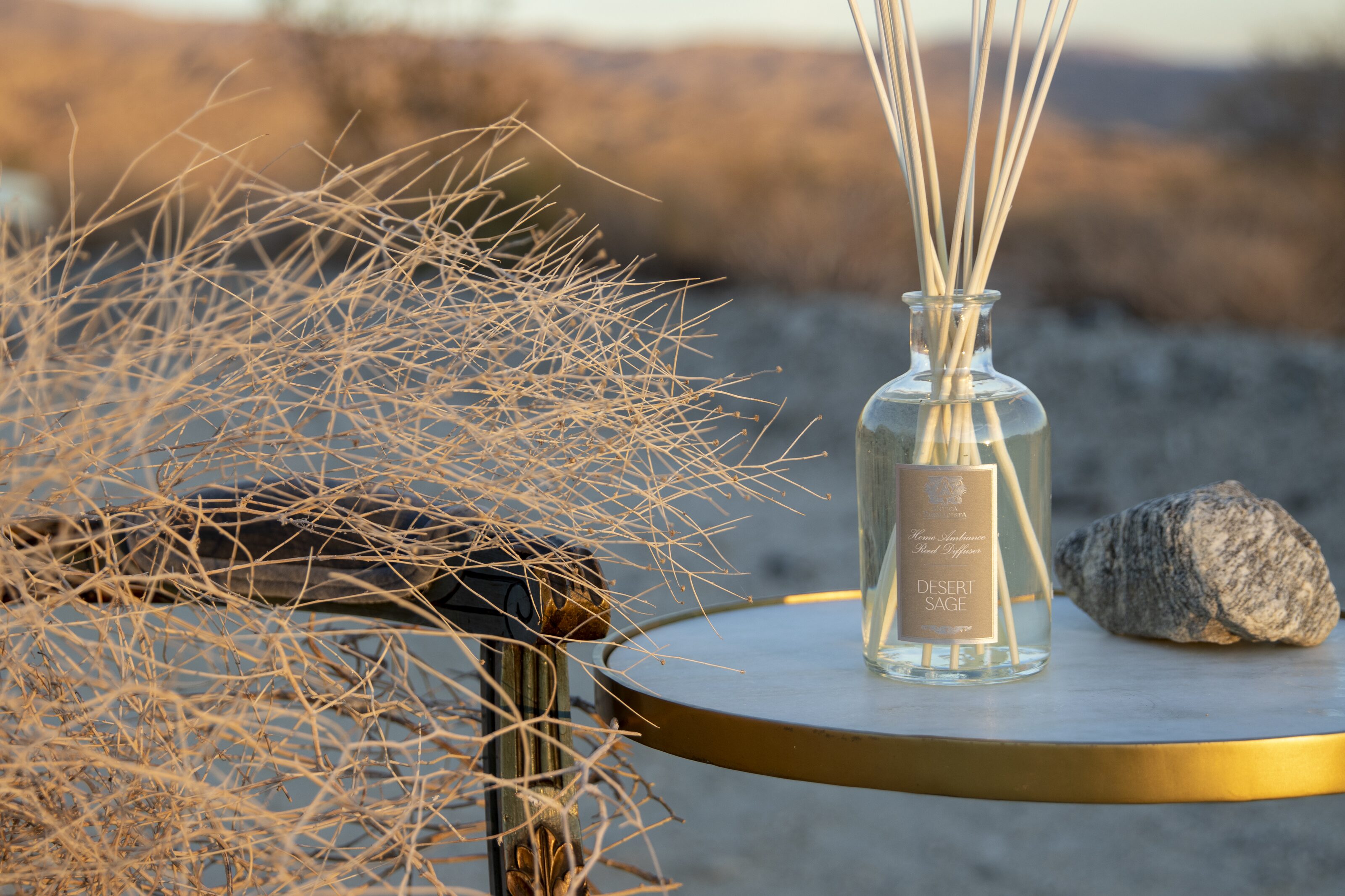 The Desert Sage reed diffuser on a marble and gold table beside a sun-bleached tumbleweed and a granite rock.