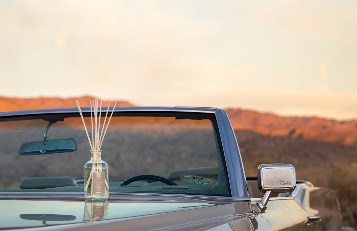 The Desert Sage diffuser resting on the dashboard of a vintage Cadillac convertible, red desert ridge beyond the windshield.