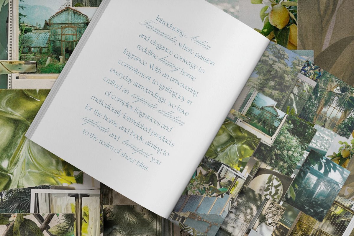 The catalog’s opening spread floated on the hand-torn vintage collage — glasshouse, lemons, and greenery layered by hand.
