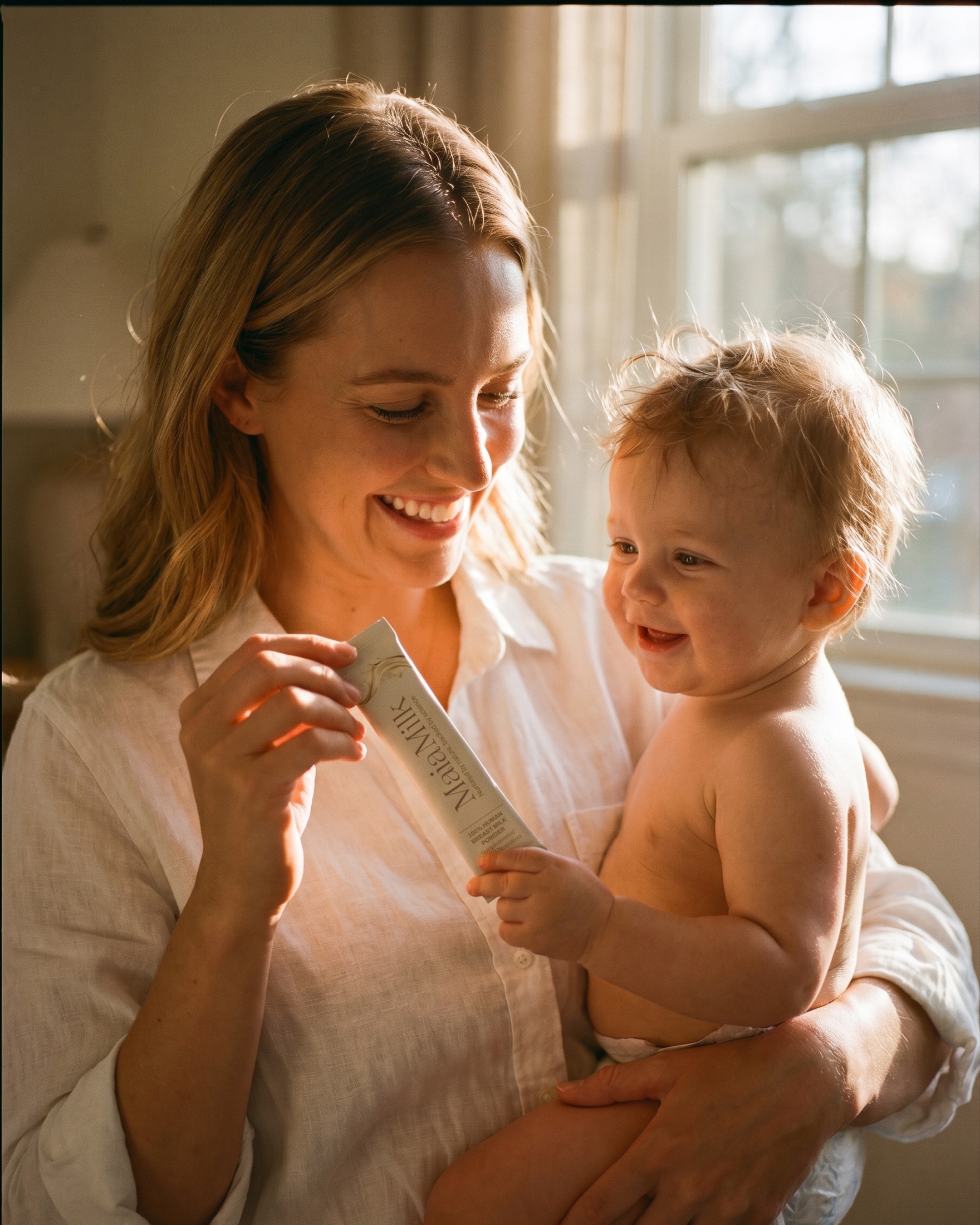 A mother holds her smiling baby and a MaiaMilk packet in warm window light.