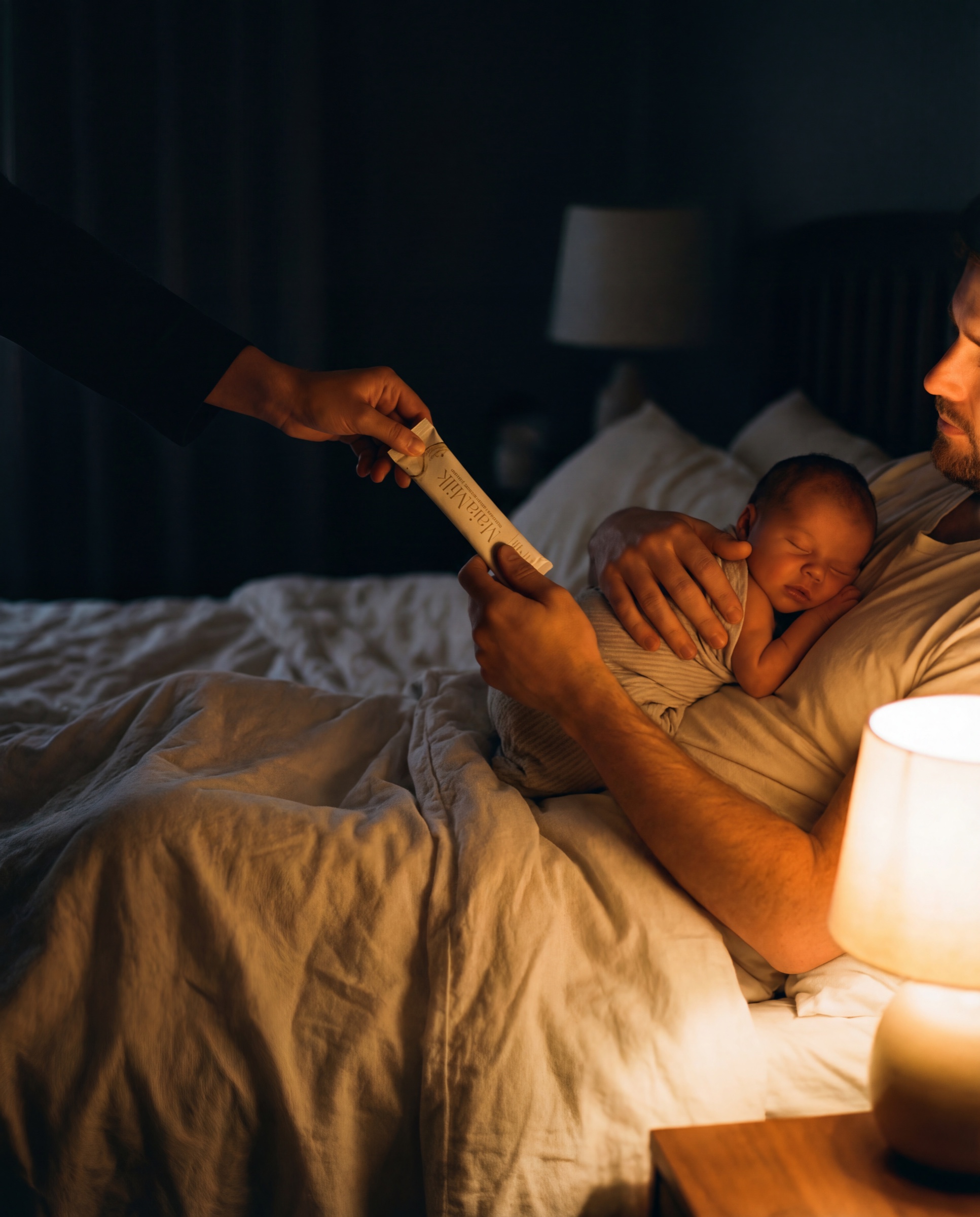A MaiaMilk packet is passed to a father cradling a sleeping newborn during a dim late-night feeding.