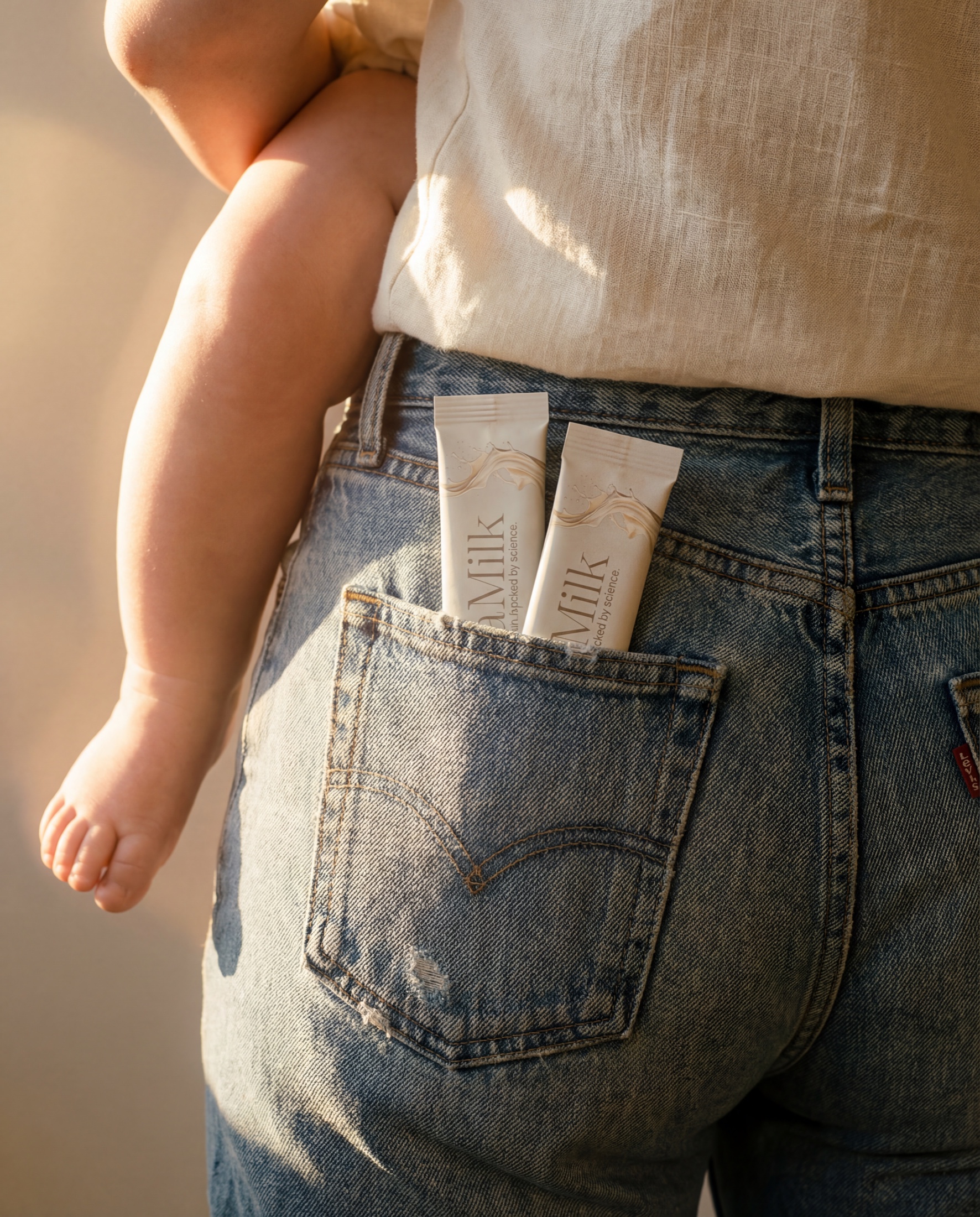 A parent carries a baby with two MaiaMilk packets tucked into the back pocket of worn denim.